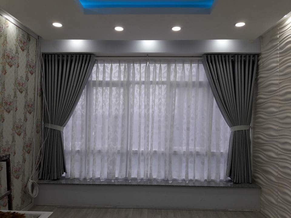 Rèm Vải 2 Lớp Cao Cấp Màu Xám Trung Tính & Voan Hoa - Ảnh 2
